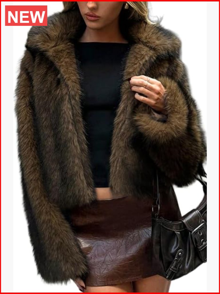 Two-Tone Faux Fur Coat With Lapel Collar, Hooks & Pockets - Fluffy Winter Jacket